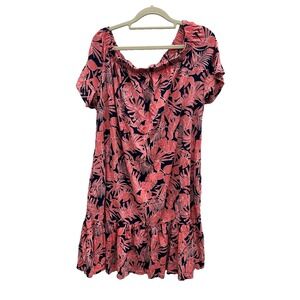 Lands End Dress Womens Large Coral Tropical Print Short Sleeve Summer Casual